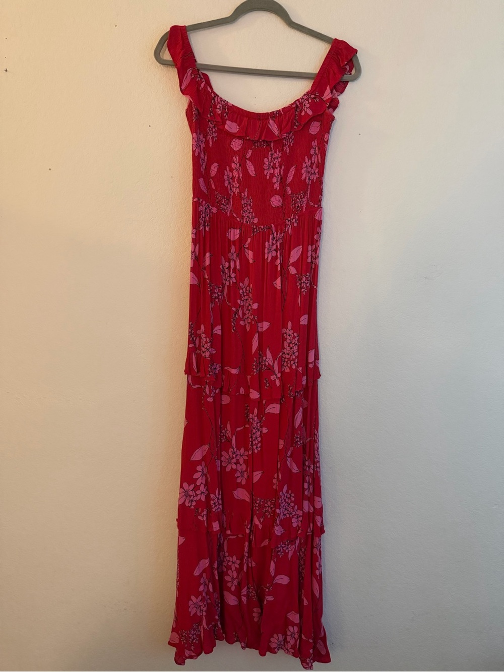 Express Red Floral Maxi Dress with Ruffle Neckline